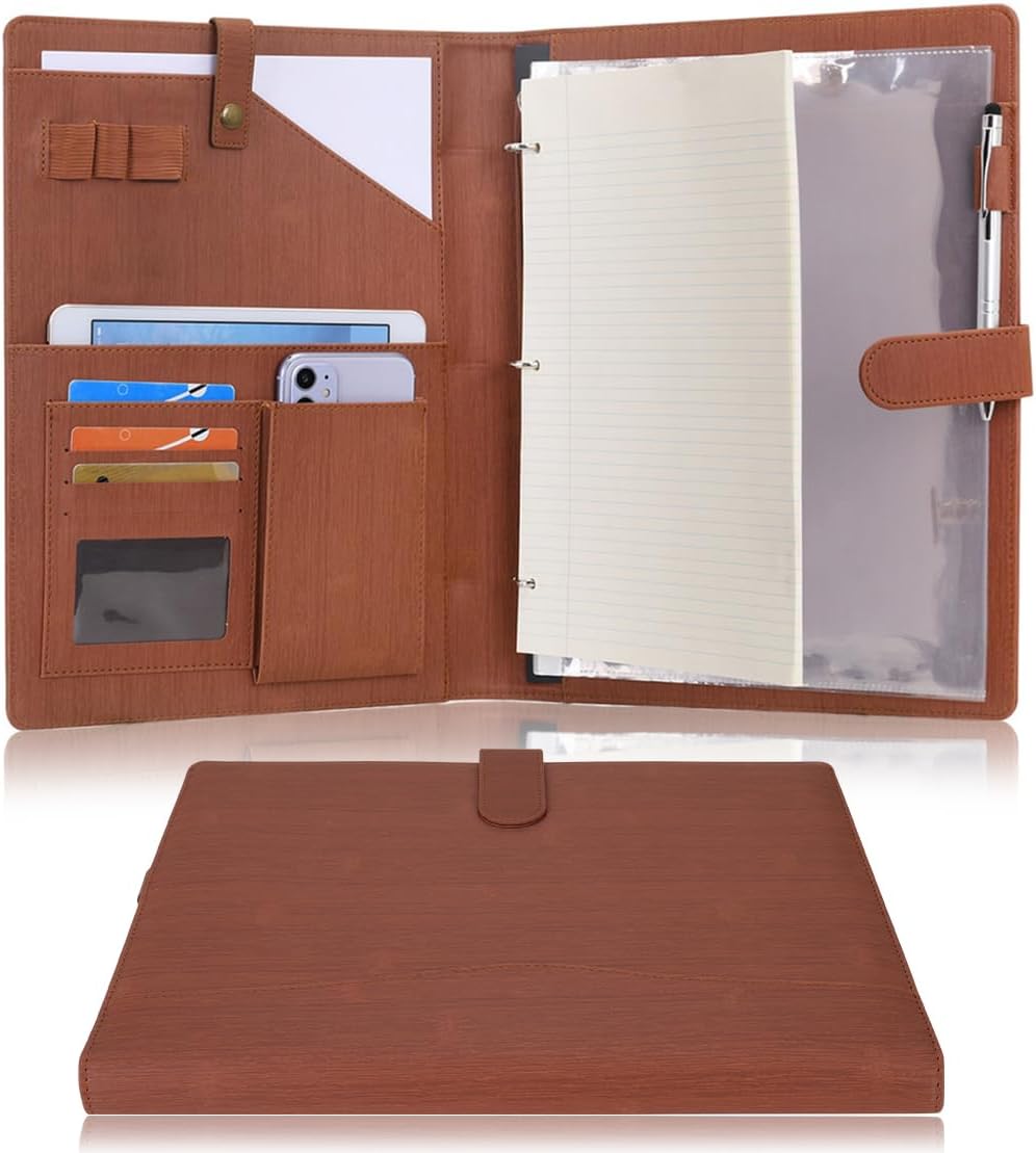 Wonderpool A4 PU Leather Portfolio Holder Ring File Document Case with Removable Binder Clipboard, Multi Pocket and Legal Pad for Business Organizer Interview and Meeting (Brown)