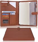 Wonderpool A4 Leather Portfolio Holder Ring File Document Case with Removable Binder Clipboard, Multi Pocket and Legal Pad for Business Organizer Interview and Meeting (Brown)