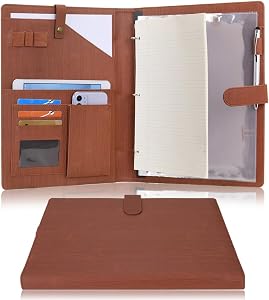 Wonderpool A4 Leather Portfolio Holder Ring File Document Case with Removable Binder Clipboard, Multi Pocket and Legal Pad for Business Organizer Interview and Meeting (Brown)