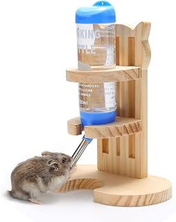 Bunny Water Bottle with Natural Wooden Stand Small Animals Water Bottle Holder for Small Sized Pets as Hamsters, Mice, Gerbils, Guinea Pigs, Rabbits, Puppy, Cats