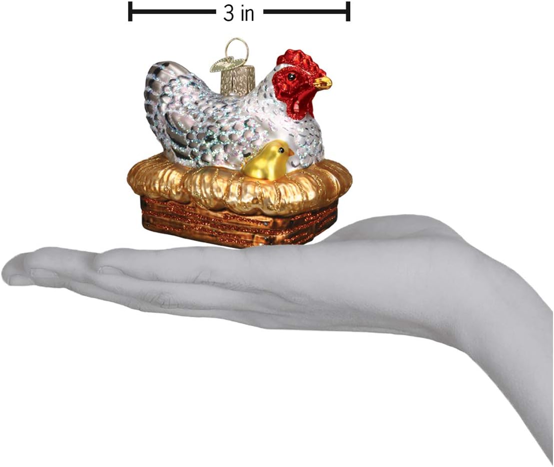 Old World Christmas Hen on Nest Glass Blown Ornament for Christmas Tree, Handcrafted Holiday Decoration, Farm Animal Collection