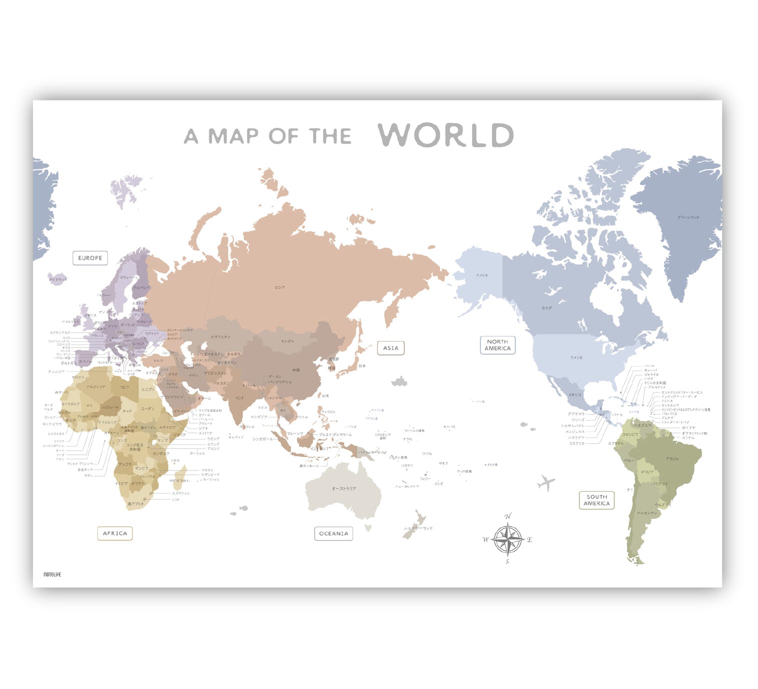 Amazon.co.jp: ノートライフ くすみカラー 世界地図 A2 サイズ (60