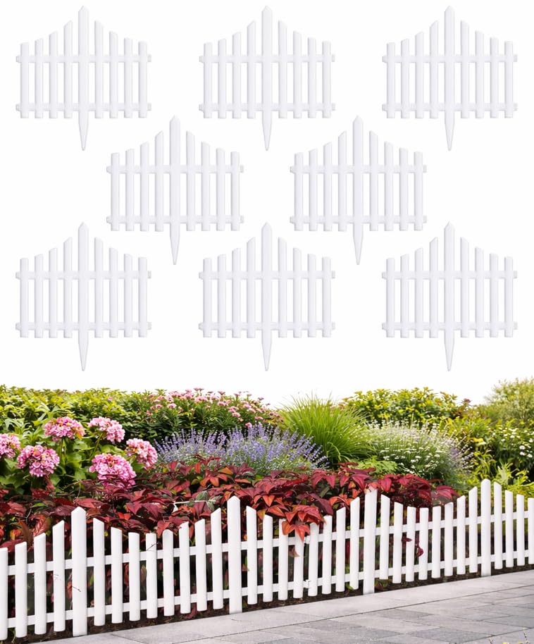 Image of Klick N Shop Garden Fence Border (8 Panels,10ft Length) Decorative White PVC Durable Plastic Picket Fence for Lawn & Flower Beds, Interlocking Outdoor Garden Edging, Weather-Resistant Border Fence