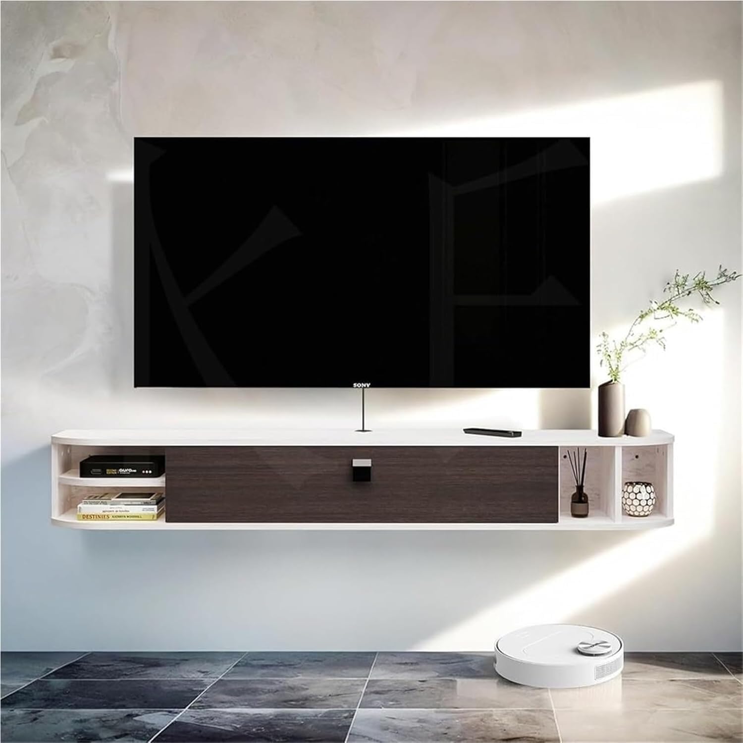 mobile TV Moderna console TV sospesa, supporto TV a parete, scaffale for centro di intrattenimento con spazio aperto for soggiorno(White,1.2m)