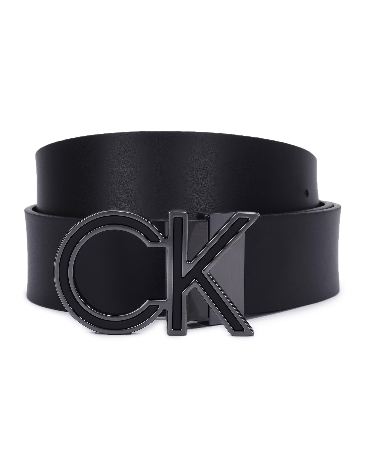 Calvin Klein Men's Black Smooth / Black Textured Leather Belt Logo Rev Ck Metal Inlay 35Mm W85 Black Smooth/Black Textured Reversible