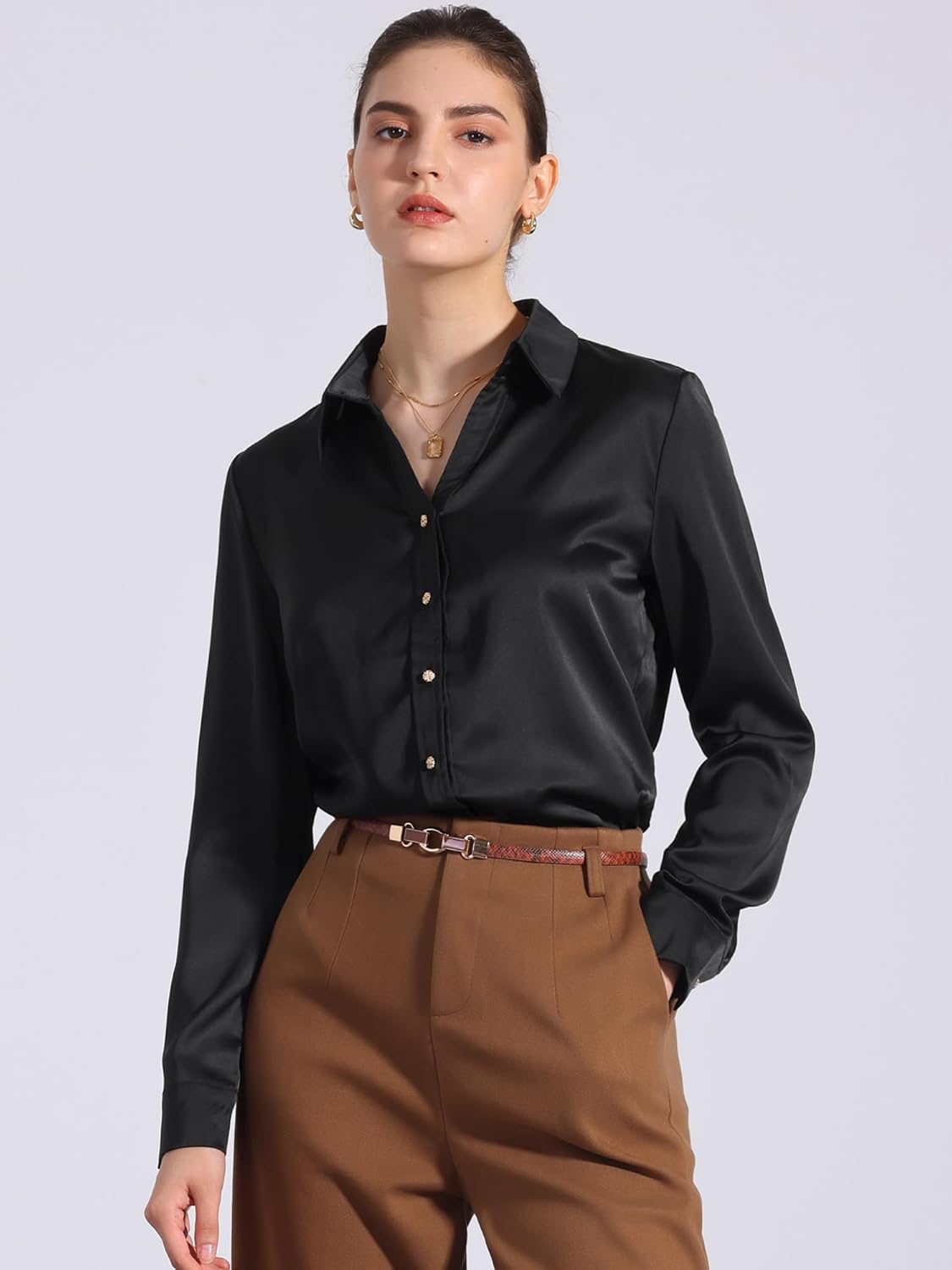 Allegra K Women's Button Down Shirt V Neck Long Sleeve Collared Blouse Work Casual Shirts Top - Image 2