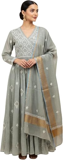 RUMINARI Pure Tissue Silk Unstitched Kurta Dupatta Set for Women | Handcrafted Chikankari Ethnic Wear for Festive, Weddin...