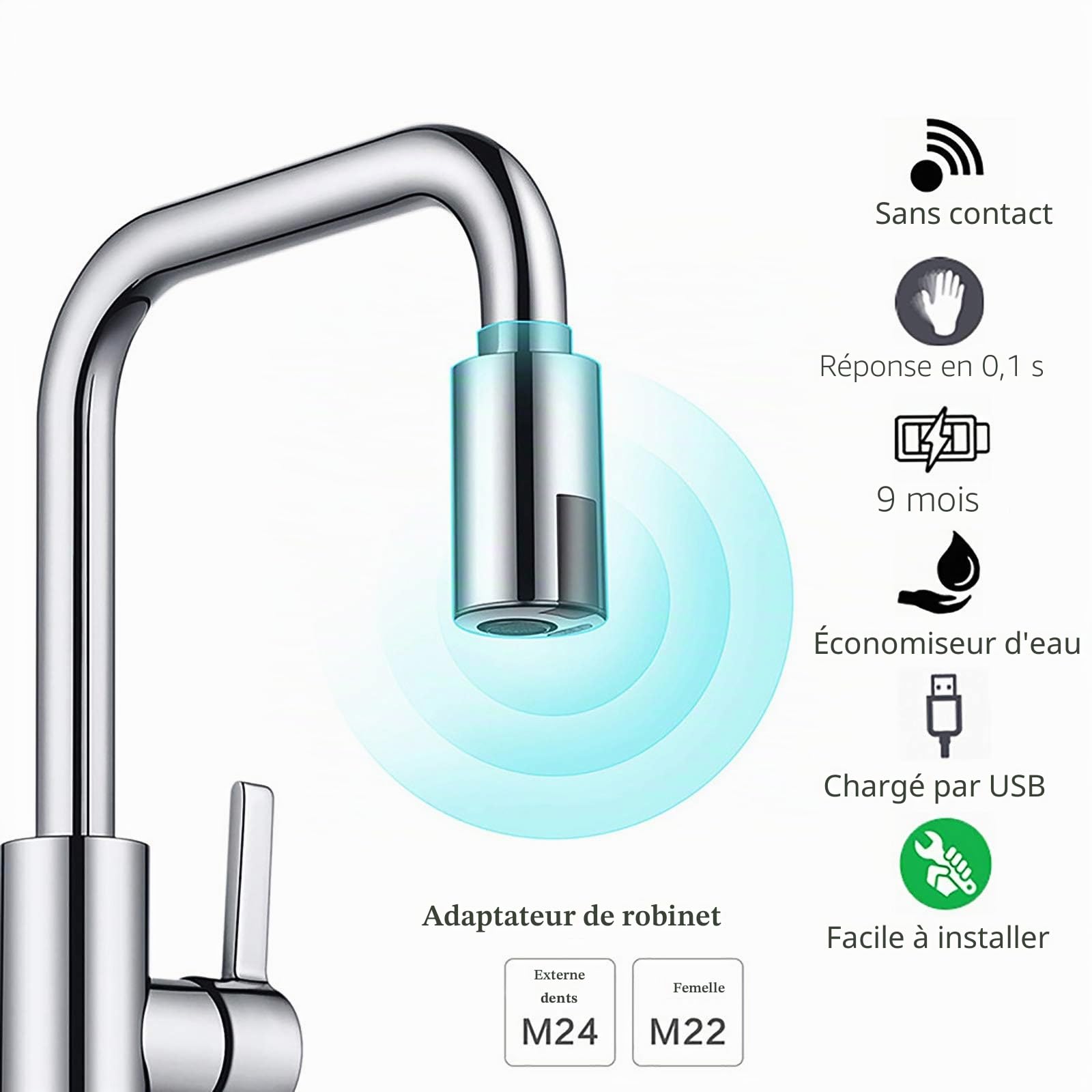 Robinet Intelligent Automatique Infrarouge sans Contact avec Capteur - Économiseur d'Eau pour Lavage Mains Eau Froide, Adapté aux Buses M22 et M24