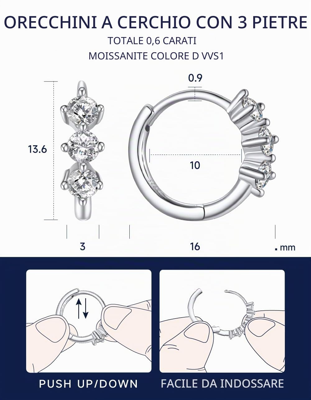 Momentwish Orecchini Moissanite Appesi, 2 Carati Orecchini Cerchio Dacon Pendente Argento 925 Orecchini Anallergici Donna Simulato Diamante Brillanti
