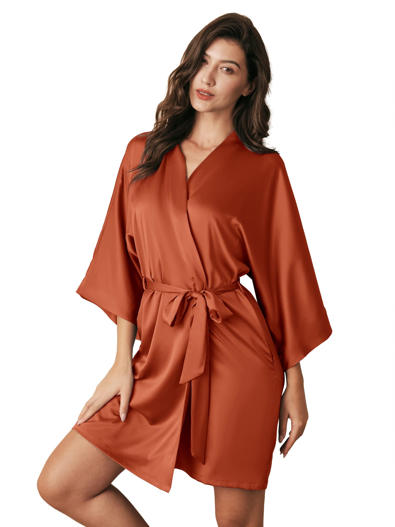 AW BRIDAL Silk Robes for Women, Short Bridesmaid Robes for Bridal Wedding Party, Bride Satin Bathrobe with Long Sleeve