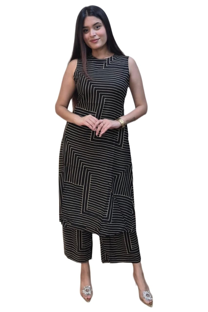 GoSriKi Womenâ€™s Rayon Viscose A-Line Printed Kurta with Palazzo Set | Sleeveless Ethnic Wear for Office, Daily & Occasion Use | Women Traditional Kurta Palazzo Set in multi