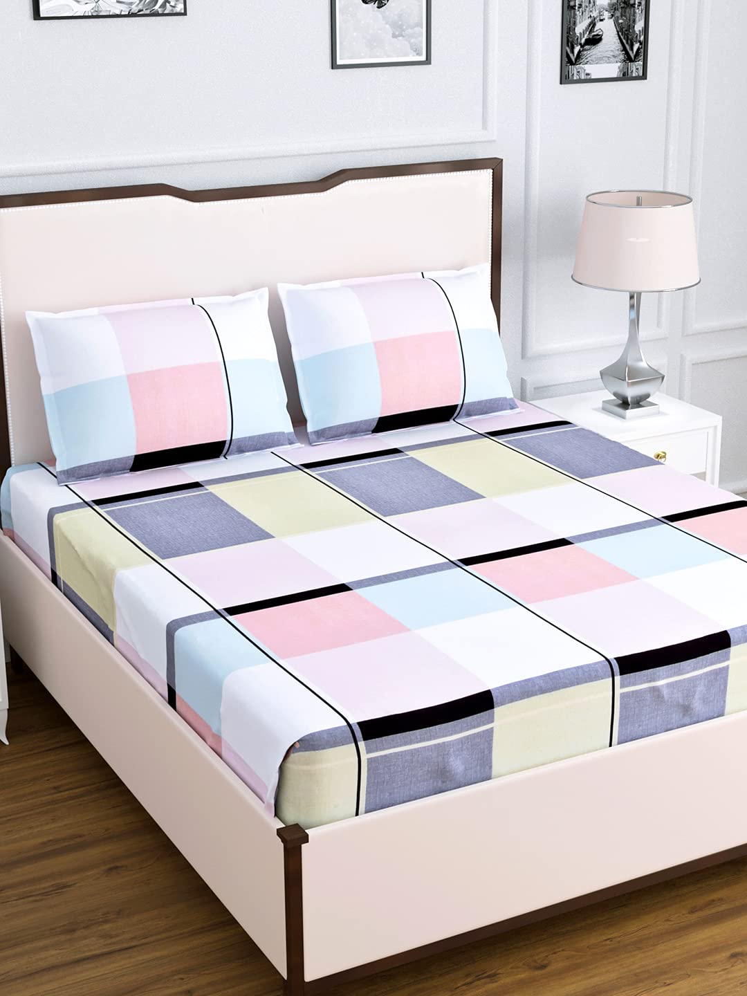 Dream Weaverz Elegant Flower Printed Double Bed Soft Cotton Bedsheet (235 x 255 cm) with 2 Pillow Covers (75 x 55 cm) for Home Bedroom | Light Blue (DQ53)