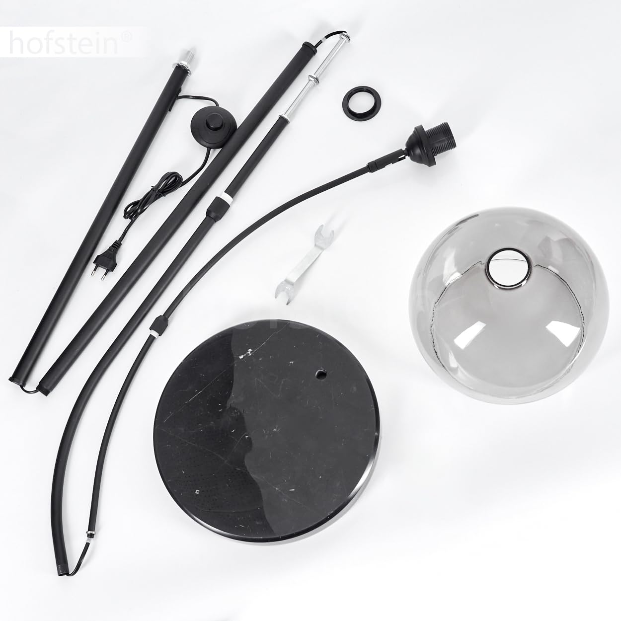 Stehleuchte Tapitapa, Stehlampe aus Metall/Glas/Marmor in Schwarz/Rauchfarben/Klar, verstellbare Bogenlampe (Ø 24,5 cm) m. Fuß aus Marmor, 1 x E27 max. 60 Watt, ohne Leuchtmittel, Fußschalter am Kabel