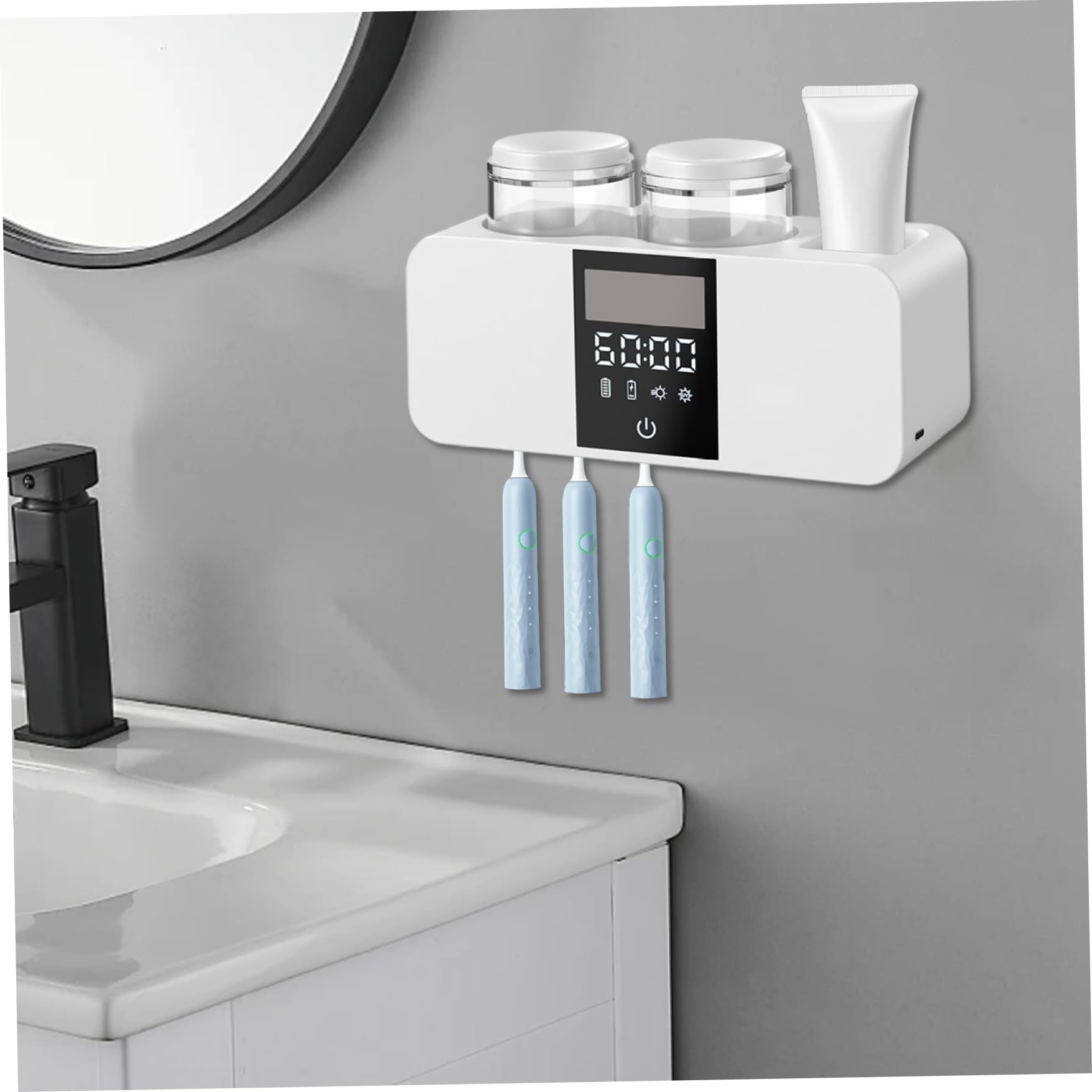 Portaspazzolino intelligente, 2 tazze, ad energia solare, con 4 scomparti e dispenser per dentifricio, autoadesivo, pratico accessorio da bagno