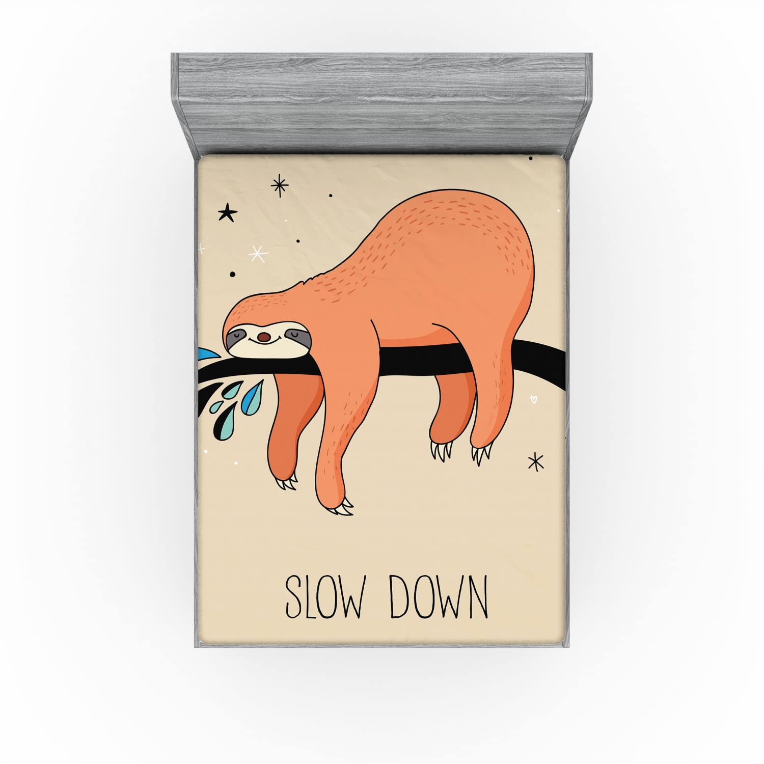 Ambesonne Animal 2 Pack Fitted Sheet, Sleepy Sloth Cartoon, Bed Cover All-Round Elastic Deep Pockets 2 Pieces, Package Contains 2 King Size Fitted Sheets, Orange Beige