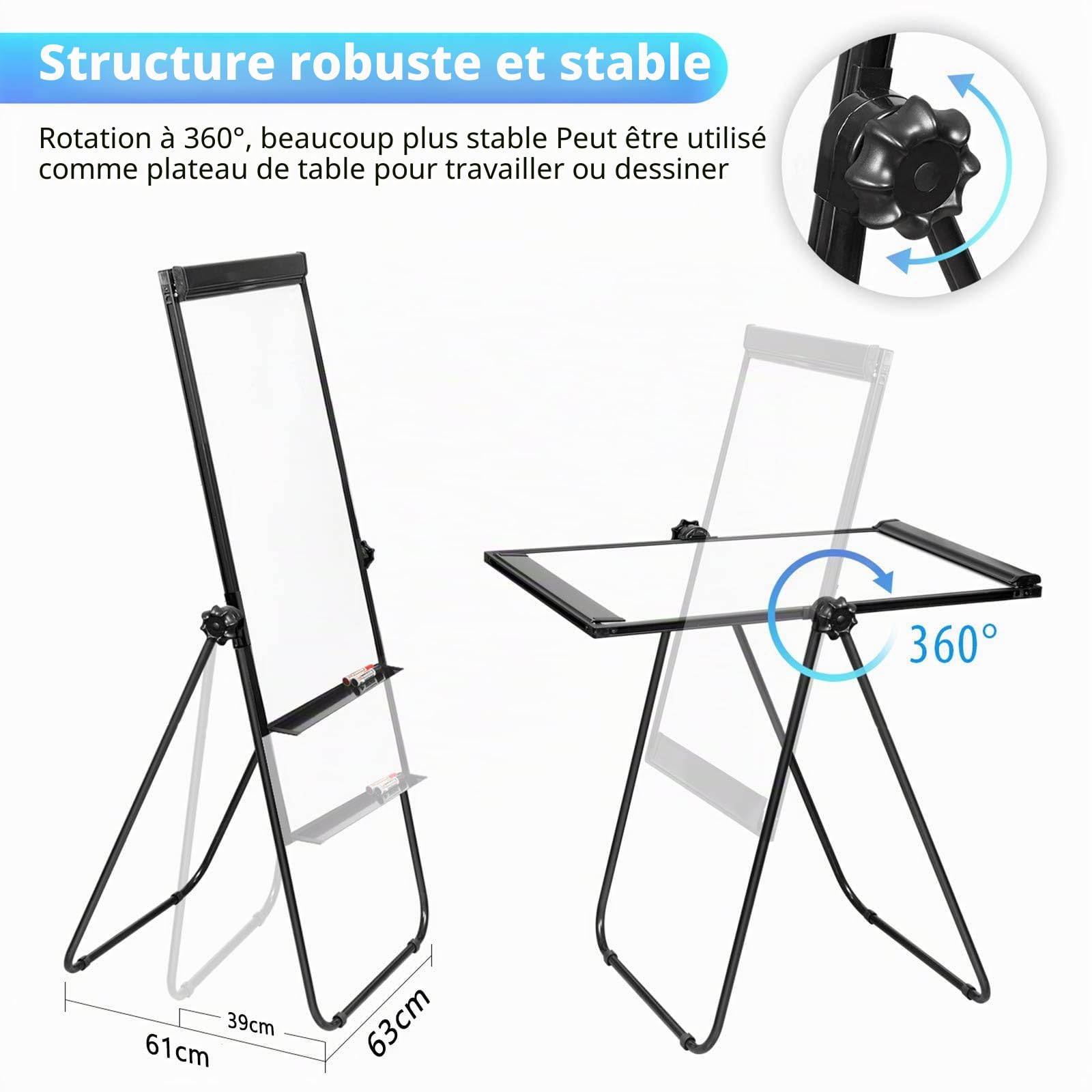 maxtek Tableau Blanc Effacable sur Pied 90 × 60 Cm, Tableau Blanc Magnetique avec Aluminium U-Support, Double Face Whiteboard Effacable à Sec, Mobile Paperboard Pliable Hauteur RéGlable