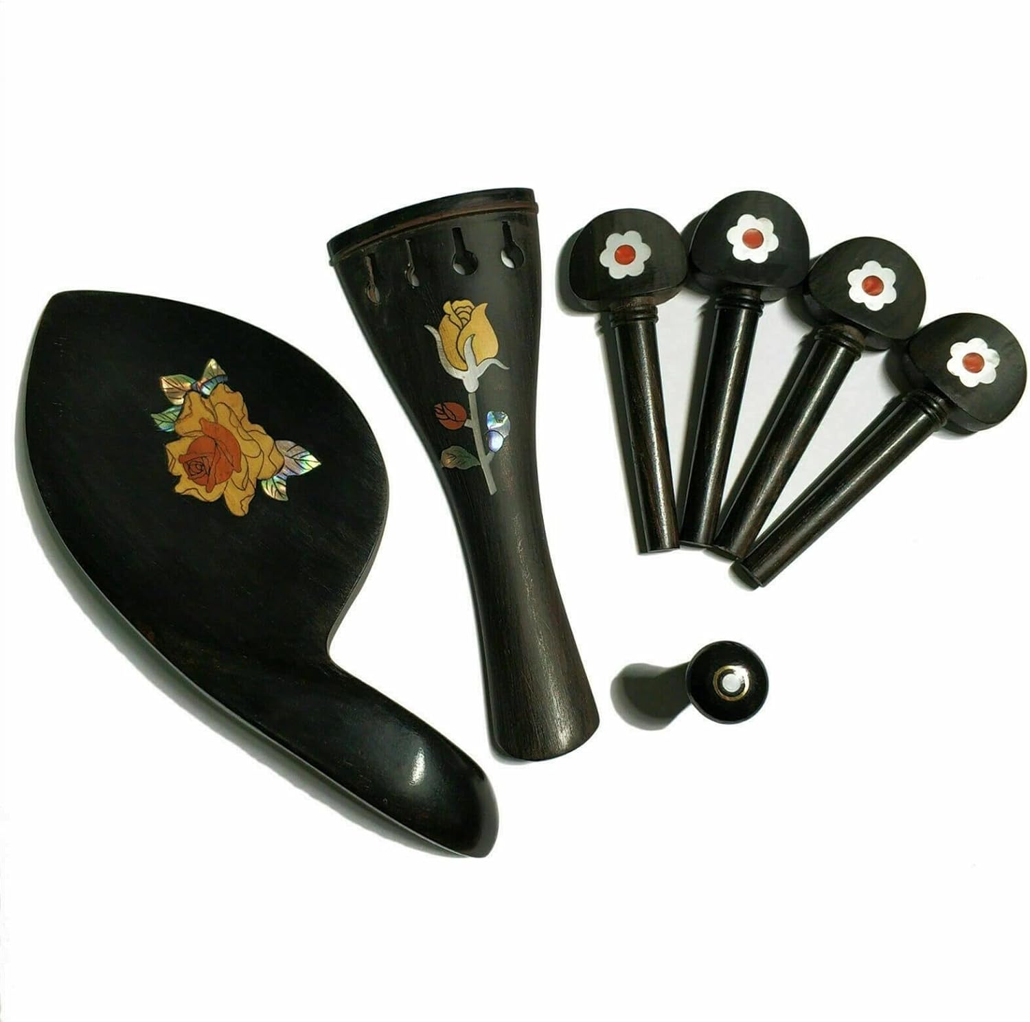 Violin Acessories Parts Carved Violin Parts Set Pegs Chin Rest Tailpiece Endpin Inlay Pearl Shells (Color : Ebony Wood 3)