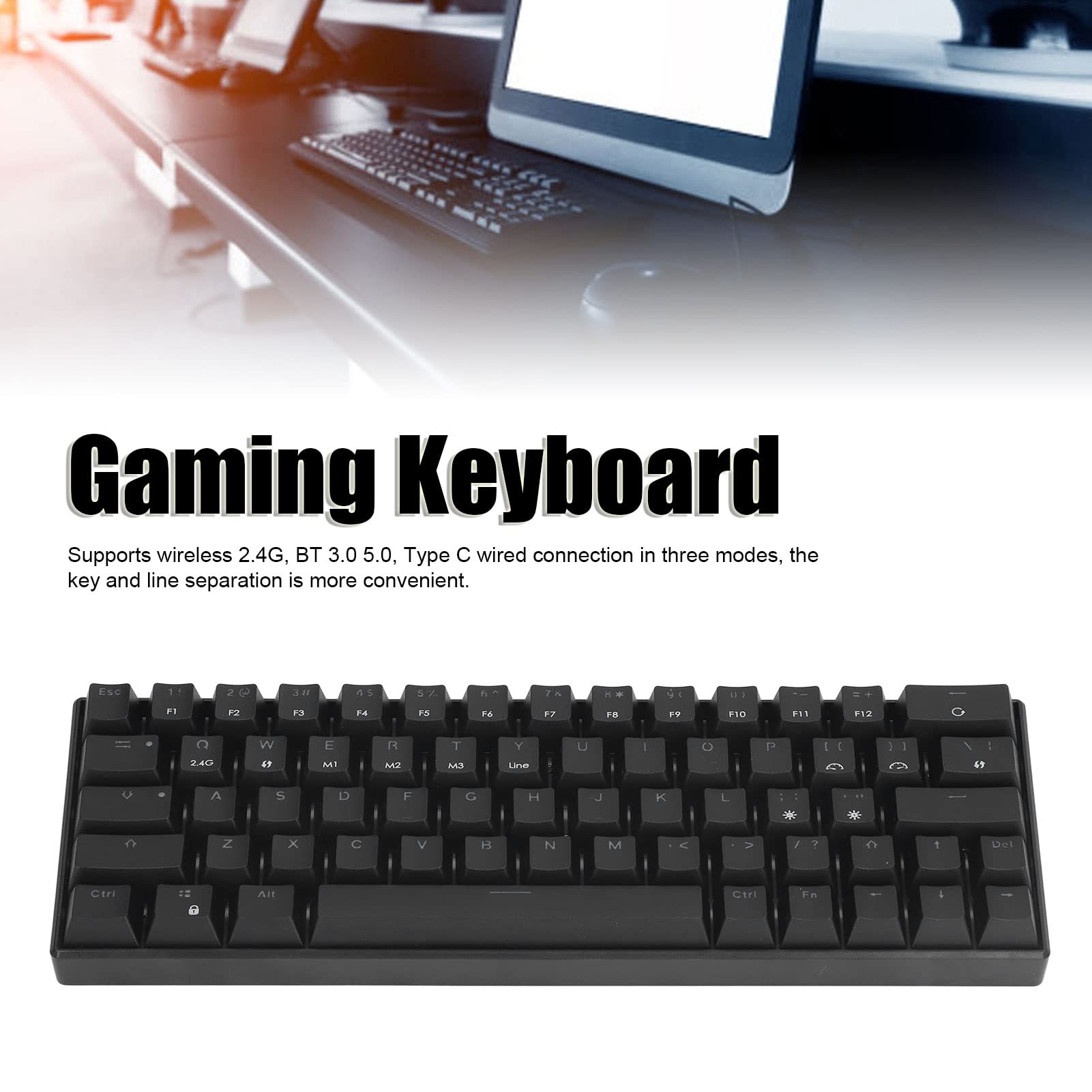 Septpenta Clavier Mécanique, Prend en Charge Le sans Fil 2.4G, BT 3.0 5.0, Connexion Filaire de Type C en Trois Modes, Design Ergonomique, Clavier 64 Touches pour Game Office(Arbre Noir)