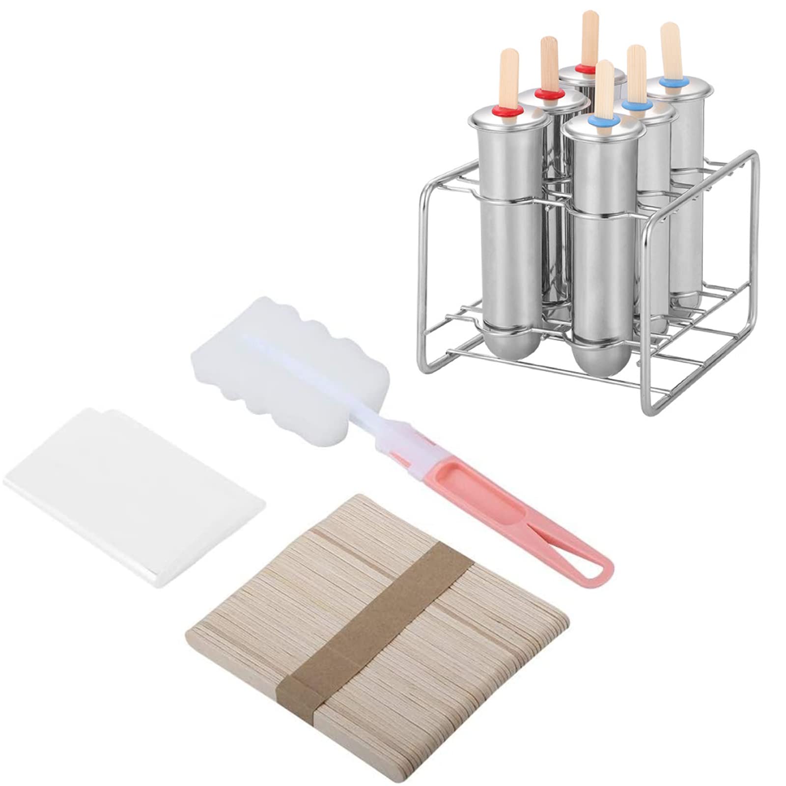 Molde de acero inoxidable para paletas, bandeja de helados, con 50 palitos de madera, 20 bolsas para reventar, 1 cepillo de limpieza para paletas de hielo, caramelos, jugos y batidos de frutas