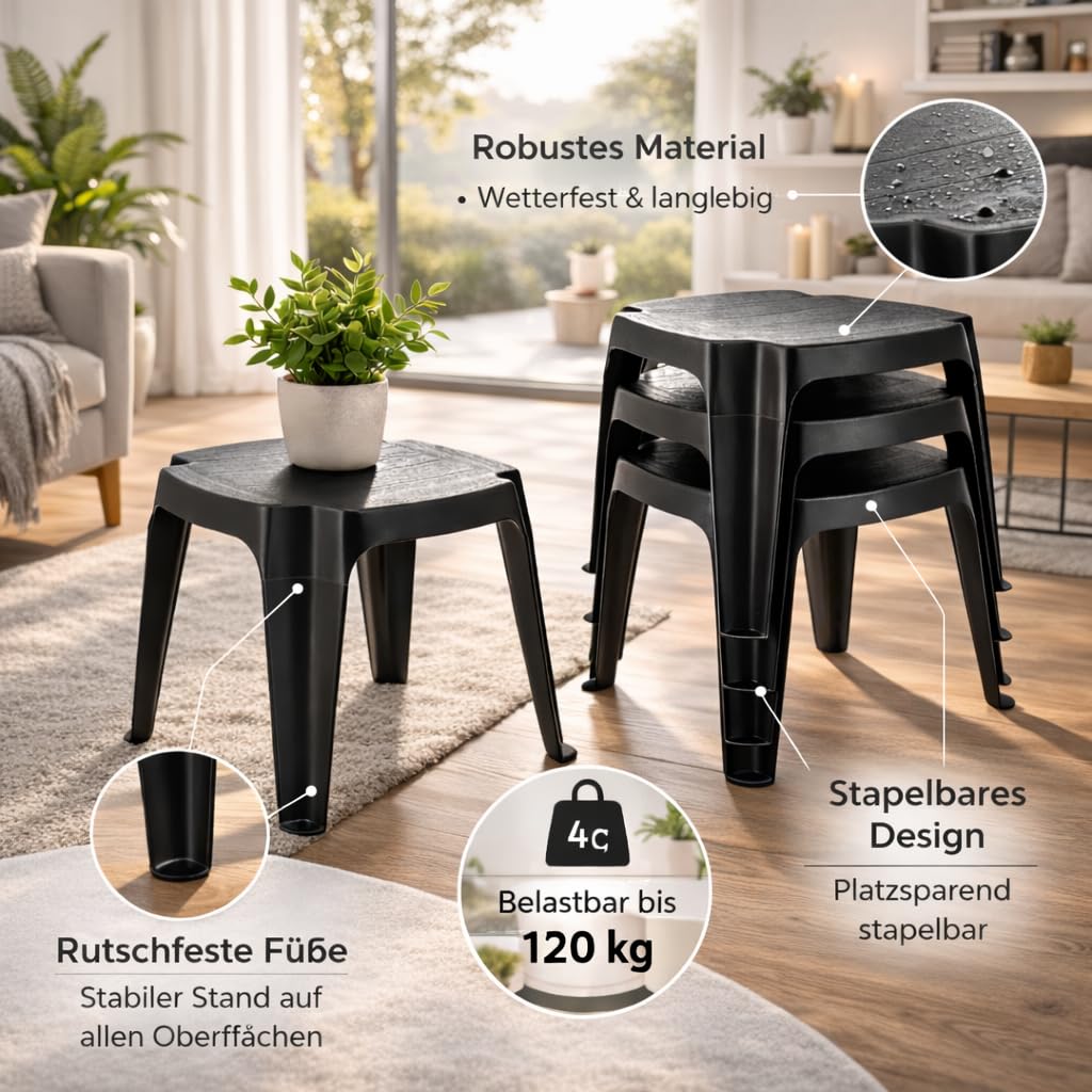 Gartenhocker Kunststoff Anthrazit – 4-in-1 Beistelltisch, Sitzhocker & Fußhocker, leicht & stapelbar, wetterfest für Garten, Balkon & Camping (4)