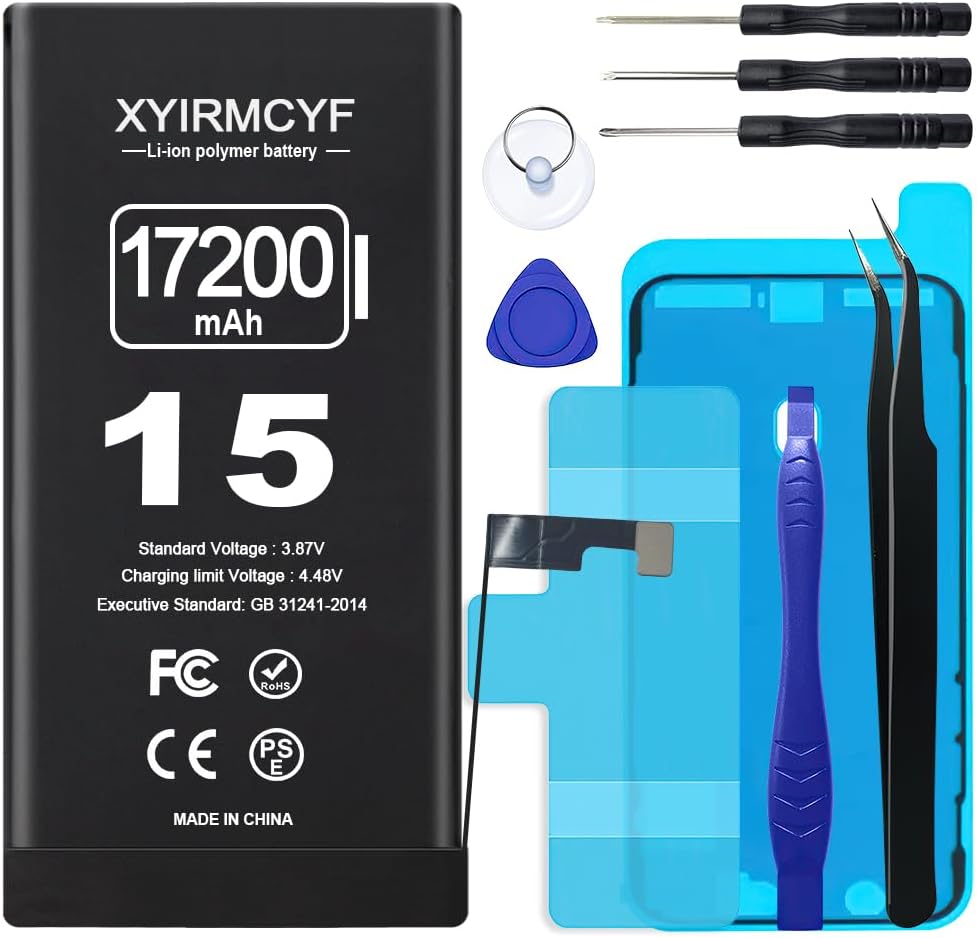 17200mAh Super Capacity Battery Compatible with iPhone 15, 0 Cycle Li-Polymer Replacement Battery for iPhone 15, with Professional Repair Tool Kit