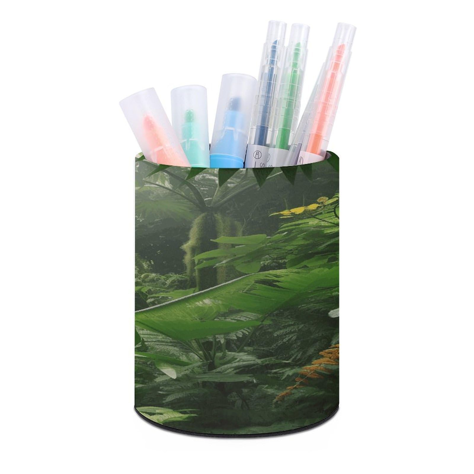 FekiLoot PU Leather Round Pen Holder Tropical Rainforest Pencil Holder Desk Organizer Pen Organizer Pen Cup Pencil Cup Caddy Desktop Stationery Organizers for Office Home Supplies
