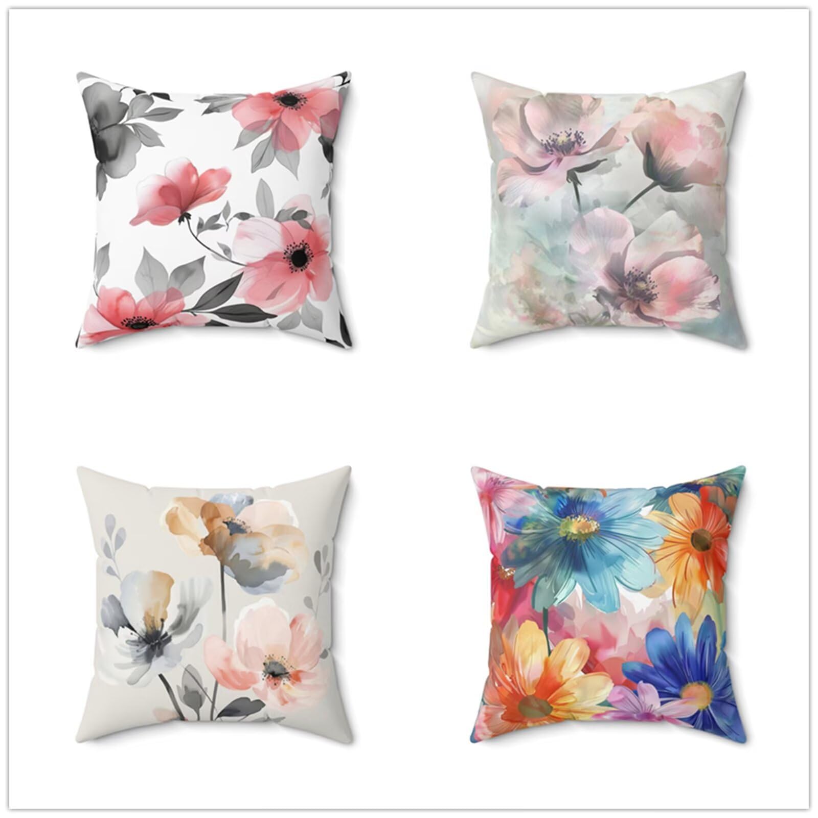 Heaen Outdoor Cushions Covers Waterproof 35x35 cm Set of 4 Square Linen Pillow Cases Watercolour Flowers Decorative Dushions for Sofa Porch Patio Home Decor