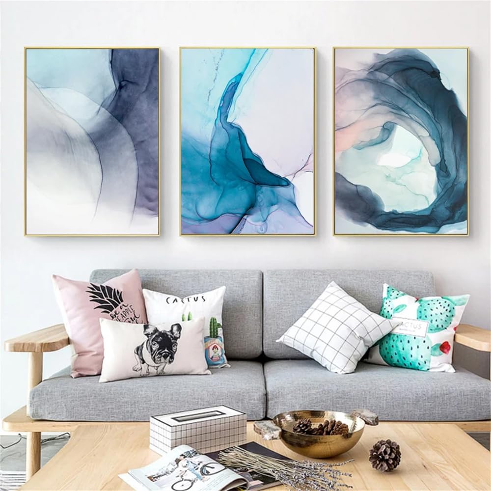 WUHBCZ Canvas Paints-Abstract Canvas Painting Wall Art Blue Ink Bloom Art Print Watercolor Nordic Poster Wall Pictures for Living Office Room Decoration Artwork-60 * 70cm/3PCS (No Frame)