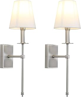 PERMO Set of 2 Classic Rustic Industrial Wall Sconce Lighting Fixture with Flared White Textile Lamp Shade and Brushed Tapered Column Stand, Hardwired, E26 Base