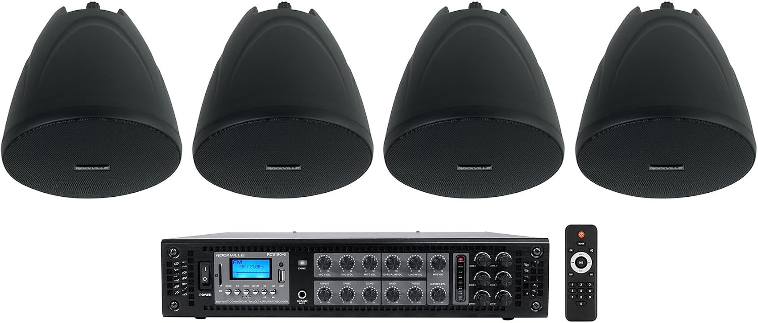 Rockville RCS180-6 Bundle: 180-Watt 6-Zone 70V Commercial Amplifier, (4) PEN-40T Black 4 in Hanging Pendant Speakers, Bluetooth, for Bar and Cafe Sound, 5 Items