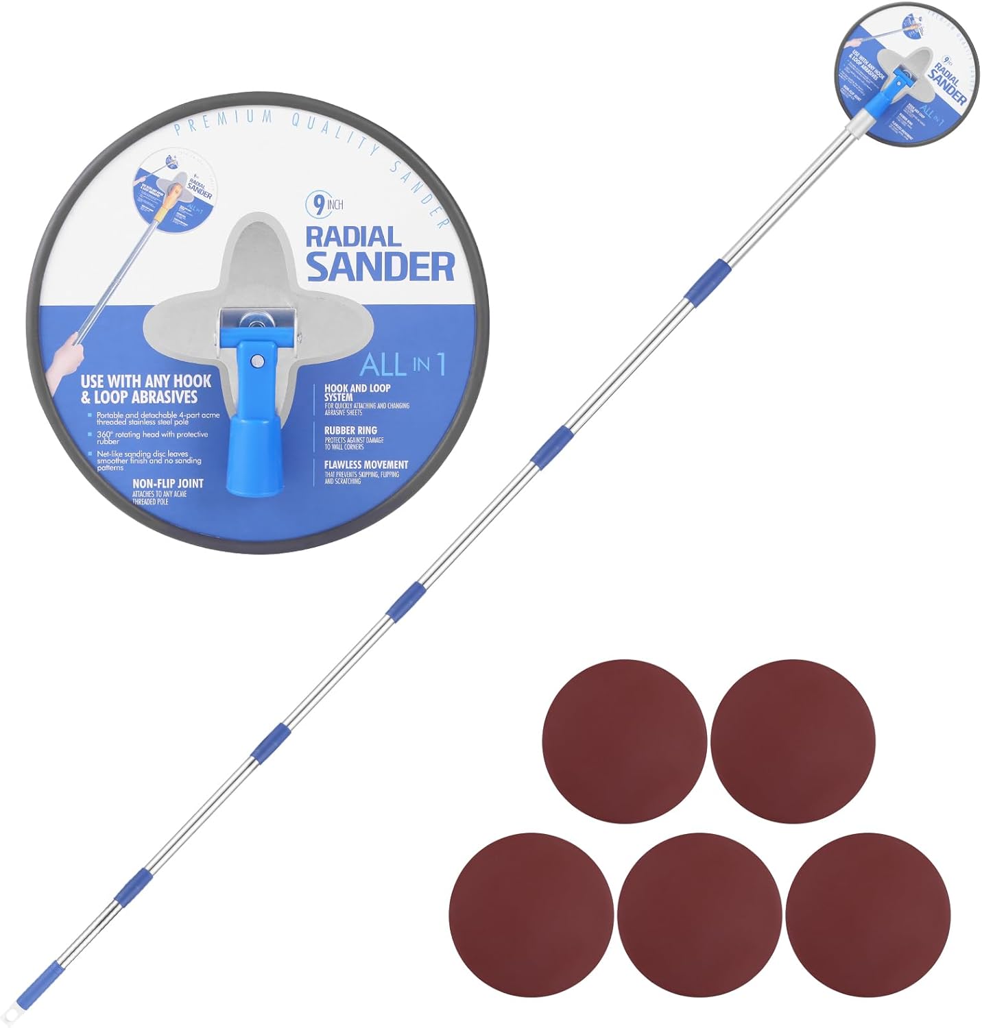 Drywall Pole Sander, 85 Inch Radial Round Pole Sander with Extension Pole, Manual Hand Drywall Sander for Walls and Ceilings, Includes 5pcs Sanding Sheets (80, 100, 120, 180, 240 Grit)