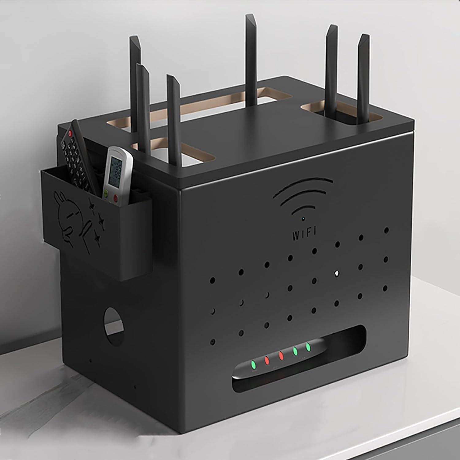 Metal WiFi Router Cabinet - Stylish Modem & Cable Organizer with Remote Control Storage, Desktop Solution for Tidy Home Office, Black Finish