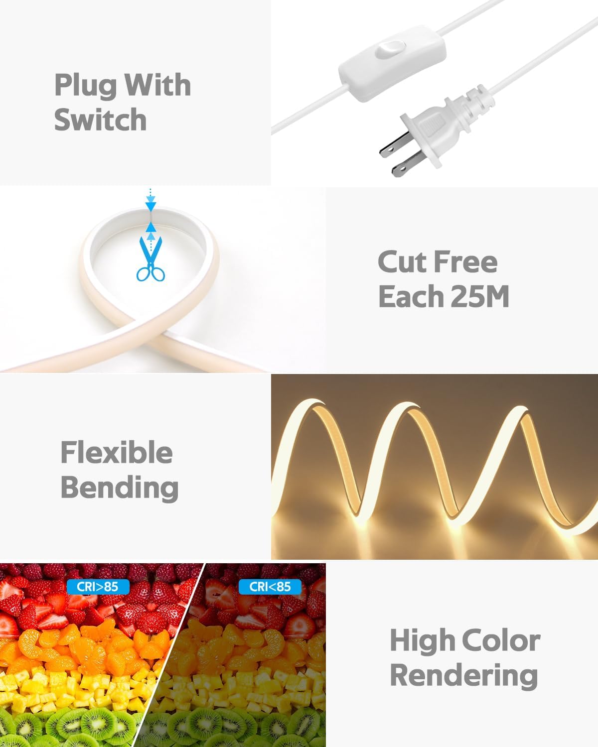 AC 110V LED COB Light Strip 65.6FT Warm White CRI 85+ Outdoor Waterproof Plug in with Switch Flexible Cuttable COB LED Rope Lights 3000K High Density 288Leds/M for Kitchen Cabinet Garden Home Decor