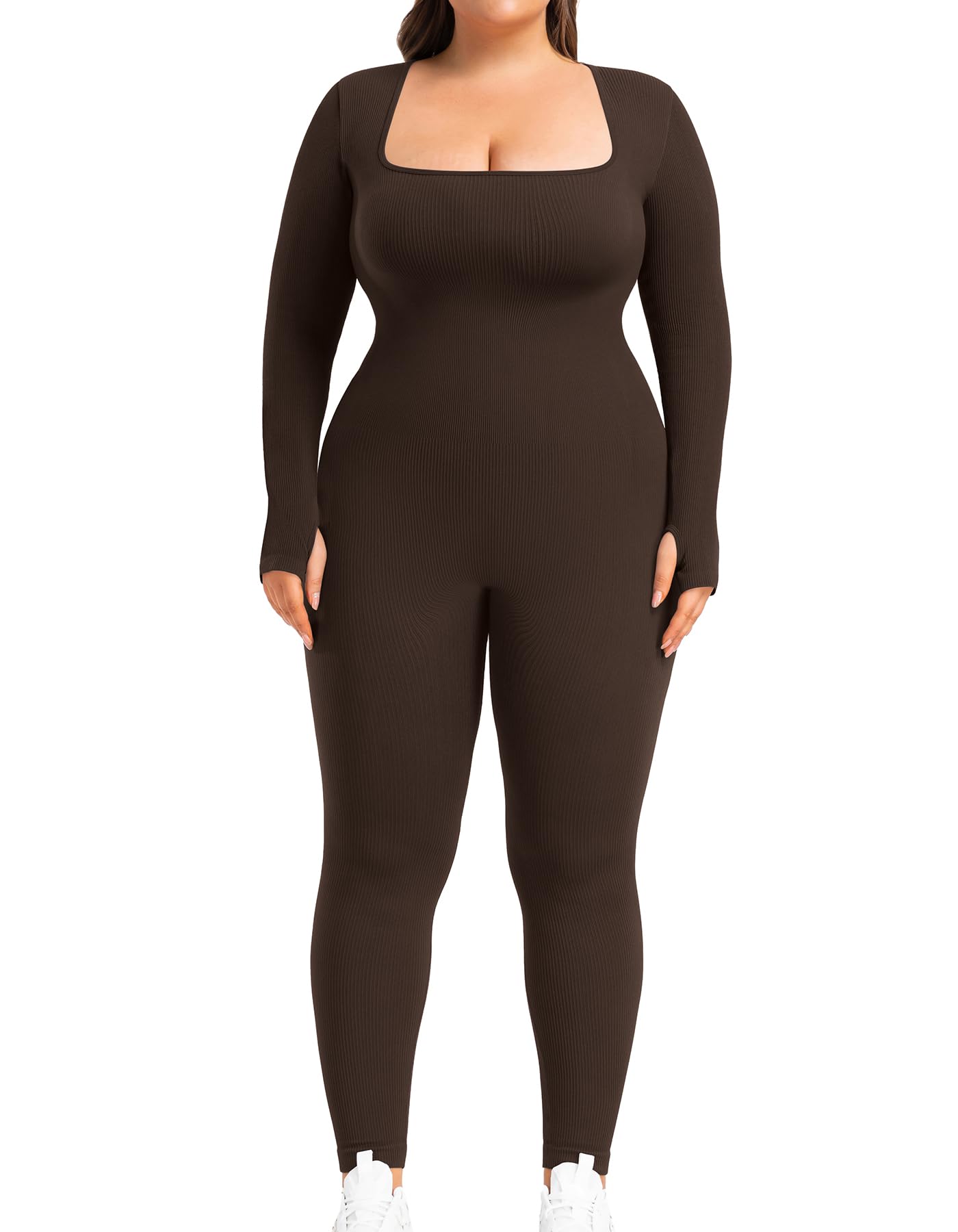 BLEVONH Women's Yoga Jumpsuits Ribbed Workout Rompers Square Neck Long Sleeve Bodysuits Full Length Plus size