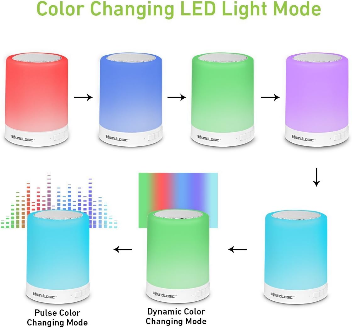 Diagram showing SoundLogic XT Touchlight Speaker displaying various color changing LED light modes including red, blue, green, purple, pulse color changing, and dynamic color changing.