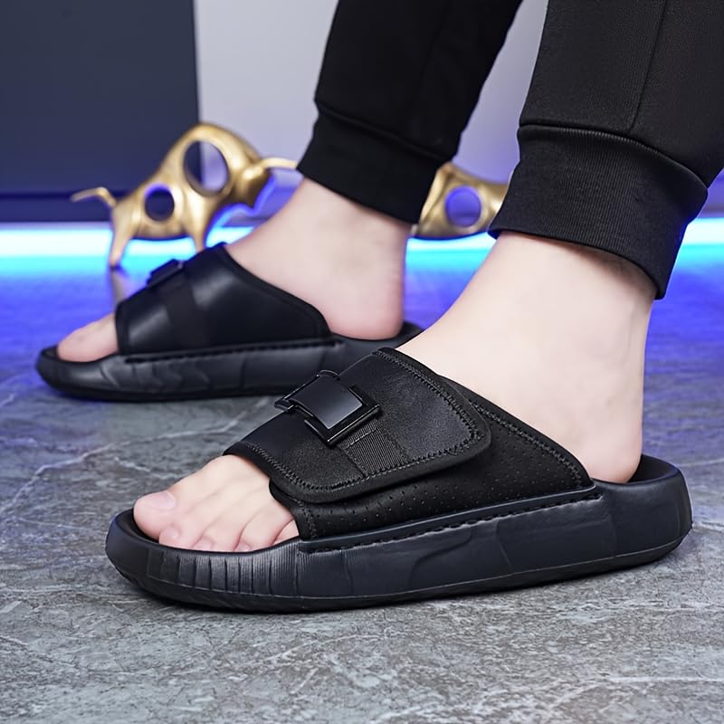 Men's Summer Thick-Sole Non-Slip Slides - Stylish White & Black Casual Beach Sandals with Adjustable Strap, Comfortable for Casual Attire4