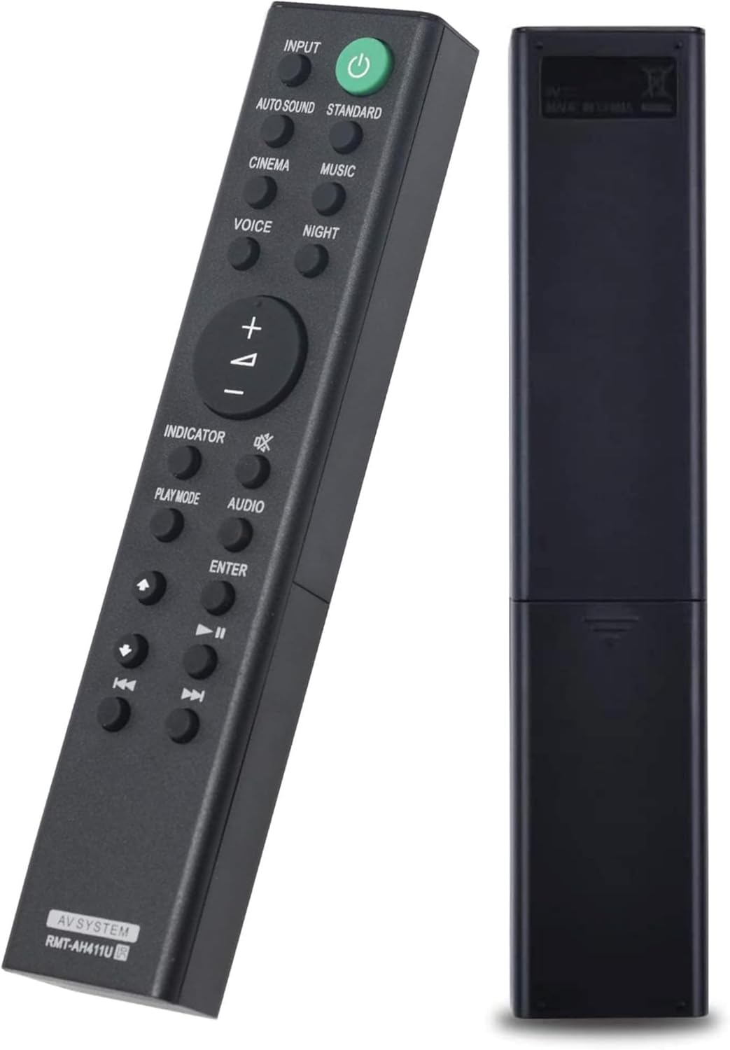 Front and back view of the UBay RMT-AH411U remote control, highlighting the battery compartment.