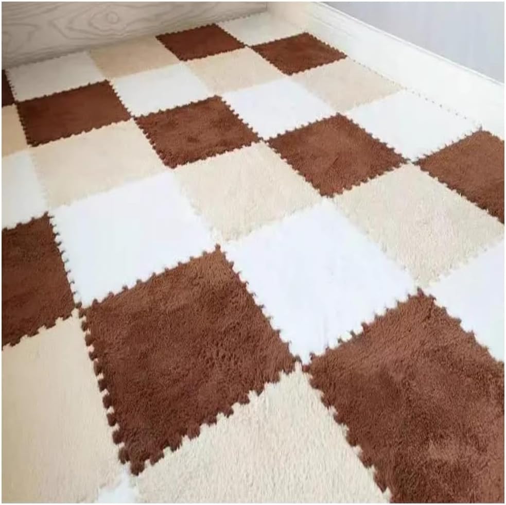 12PCS Soft Interlocking Carpet Tiles Washable EVI Foam Floor Mats Non-Slip Short Plush Puzzle Rug for Bedroom Living Room(Light Brown+White+Brown,24pcs)