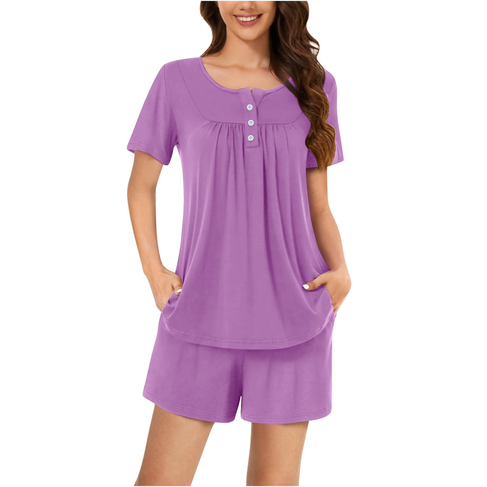 fartey Pajama Sets for Women 2 Piece Lounge Outfits Sleepwear Summer Short Sleeve Shirts Shorts with Pockets Ladies
