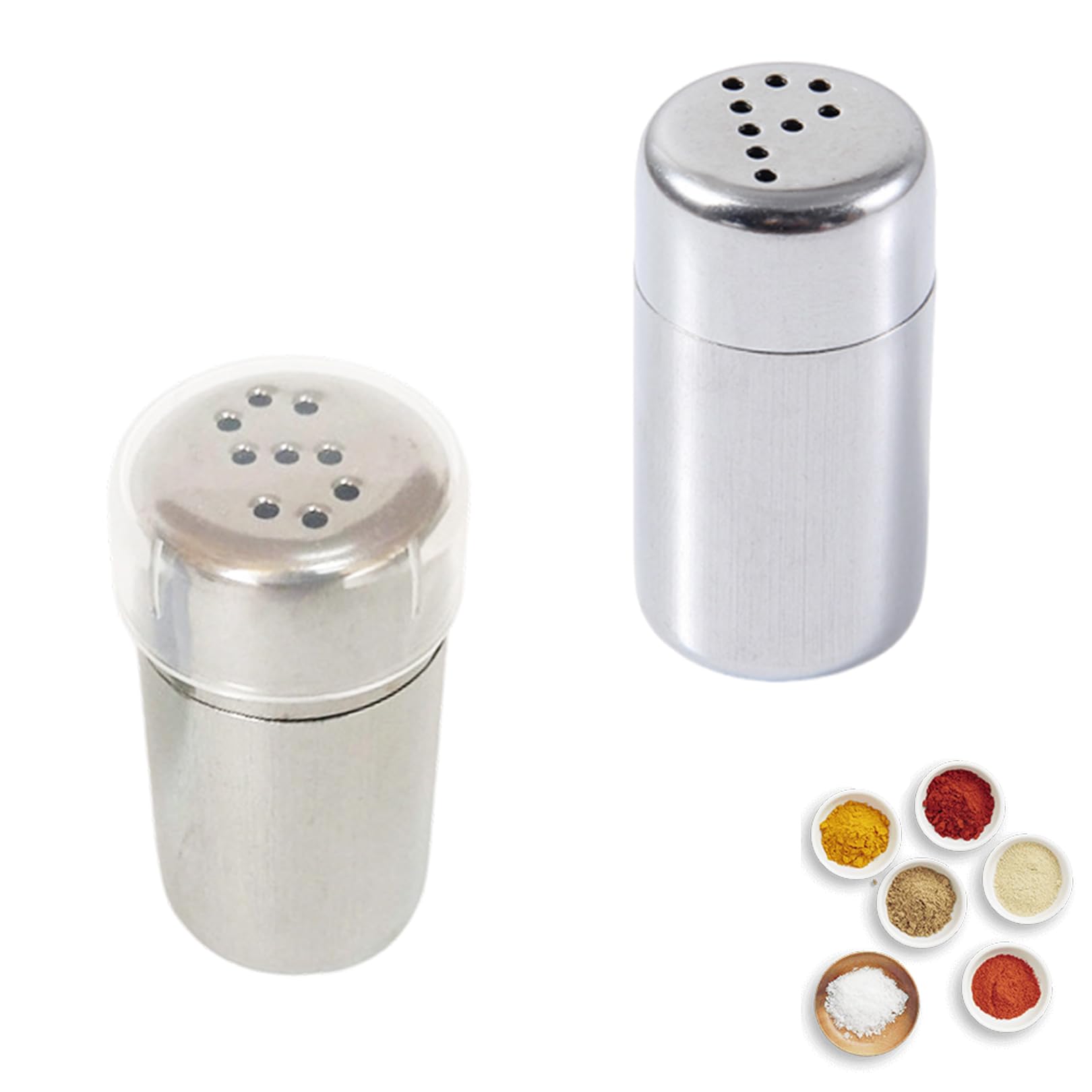 2 Stück Edelstahl Pulverstreuer,Kakaostreuer für Cappuccino,Puderzuckerstreuer,Mini 5ml Reise Salzstreuer mit Deckel,Pfefferstreuer,Zimtstreuer,Mehlstreuer,Gewürzstreuer für Camping Grill Bento Box