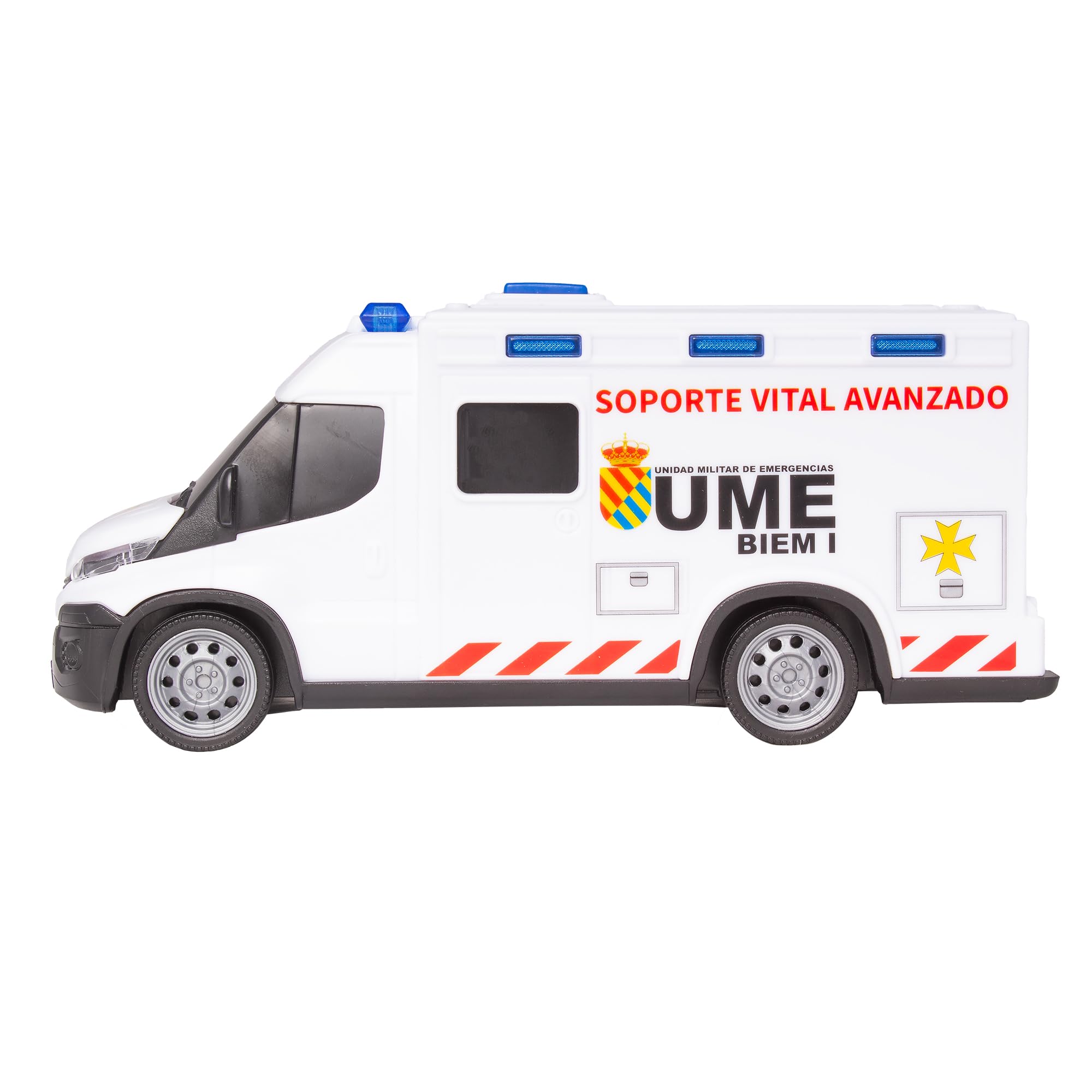 Dickie Toys - Ambulanza IVECO UME 18 cm, Ambulanza giocattolo, Luce e Suono, Ruota con Girata Libera, con Barella, Veicolo Giocattolo Bambini Ragazze a partire dai 3 anni (203713014SI5)