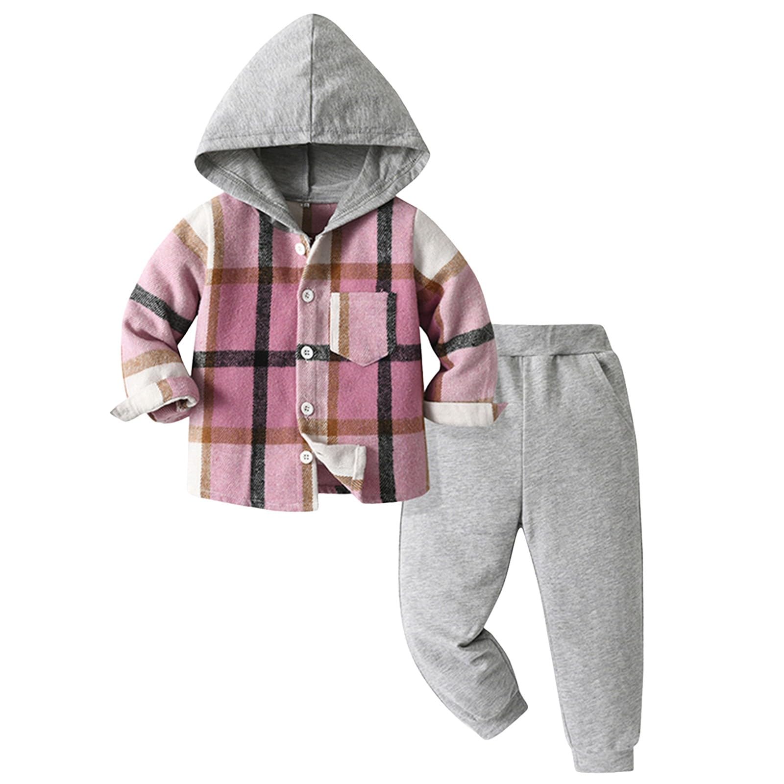 GenericToddler Baby Boys Clothes Outfits Kids Hoodie Flannel Button Down Shirts Set Plaid Hooded Tops +Sweatpants Pants Fall Winter