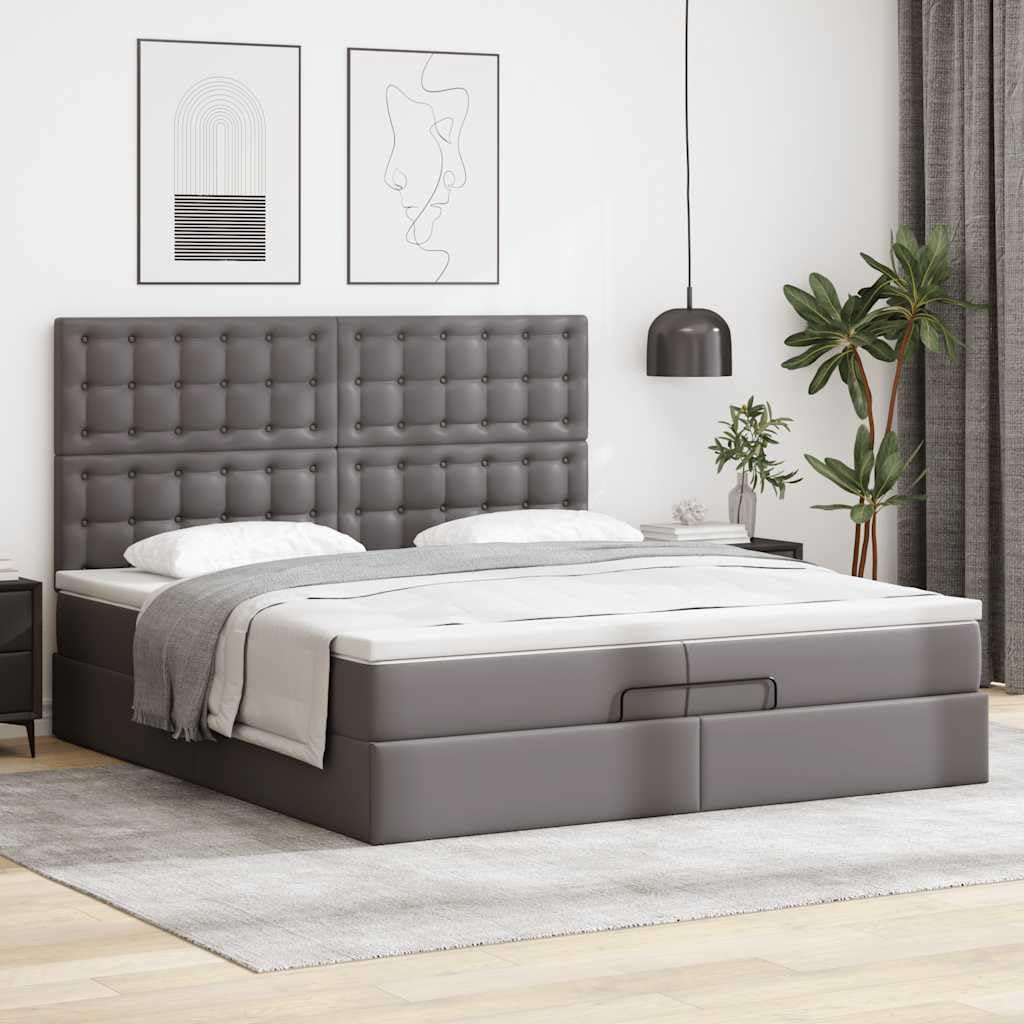 Letto a pouf con materassi e LED, grigio, 200 x 200 cm, in ecopelle, design moderno, con sistema di sollevamento idraulico, per camera da letto e camera degli ospiti