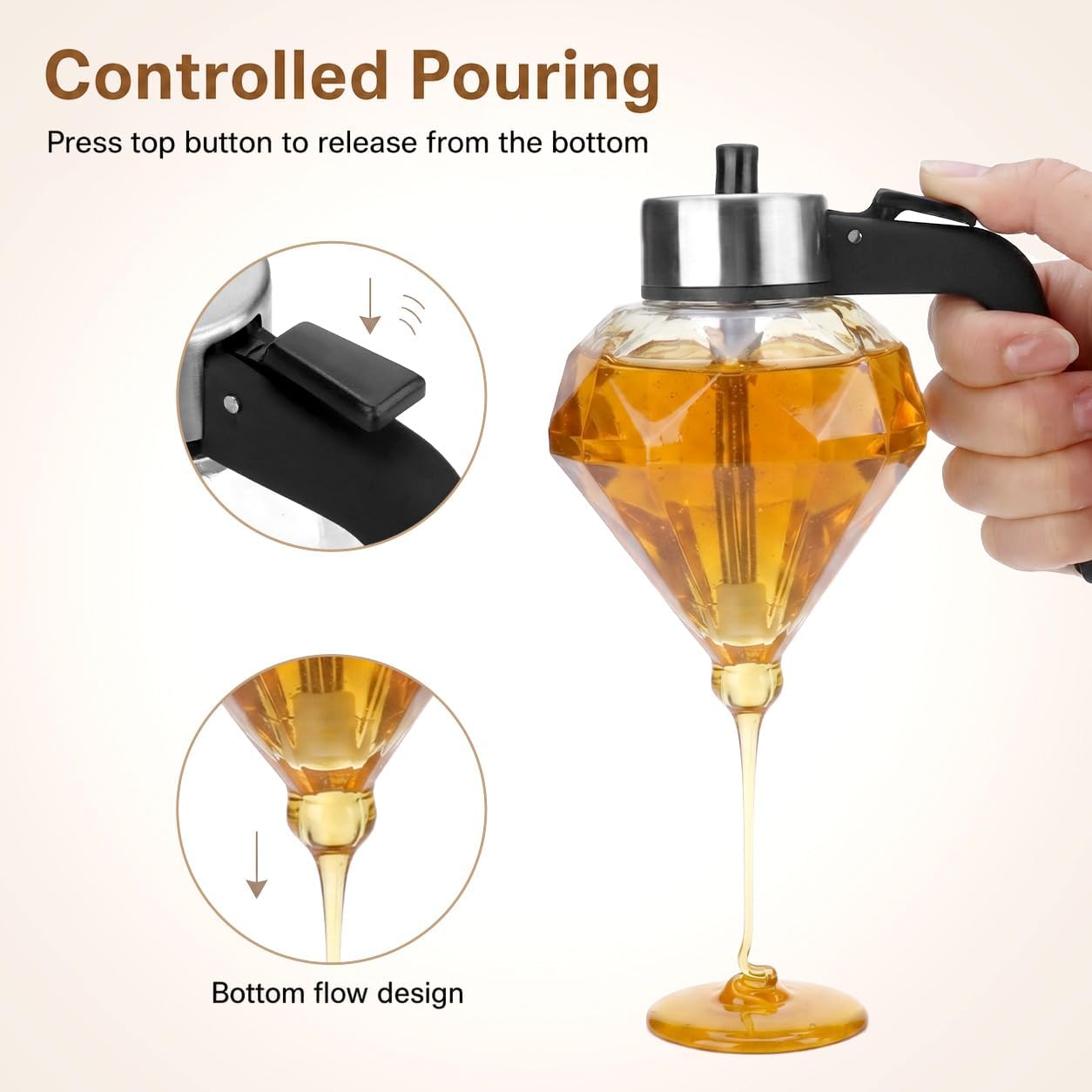 QWORK Glass Honey Dispenser with Stand and Wooden Dipper – 8 Oz No Drip Diamond Shaped Syrup Jar for Maple Syrup, Honey and Oil – Mess-Free Kitchen Storage for Breakfast, Brunch & Tea Time image 2