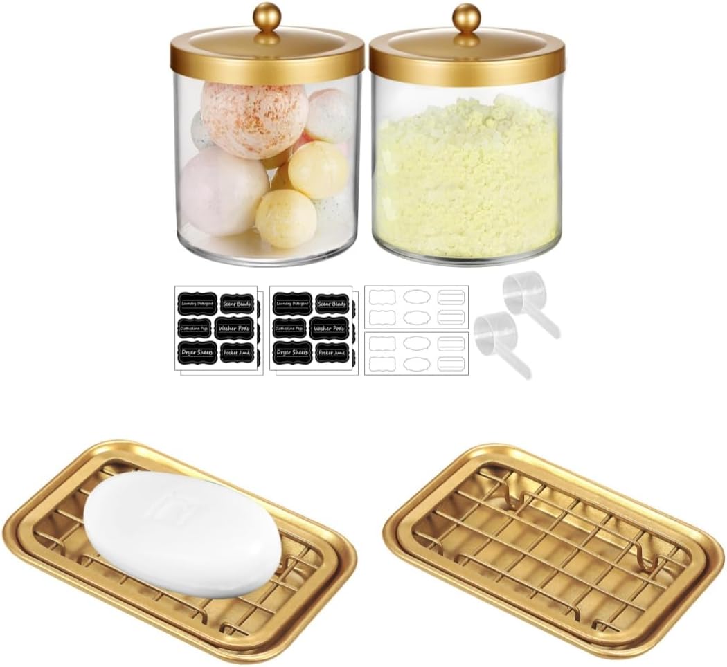 SheeChung 2 Pack 50 Oz Large Apothecary Jar Premium Plastic Storage Jar with Lids and 2 Pack Bathroom Soap Dishes Tray with Drain Metal Sponges Scrubber Holder Bar Soap Dispenser Saver - Gold