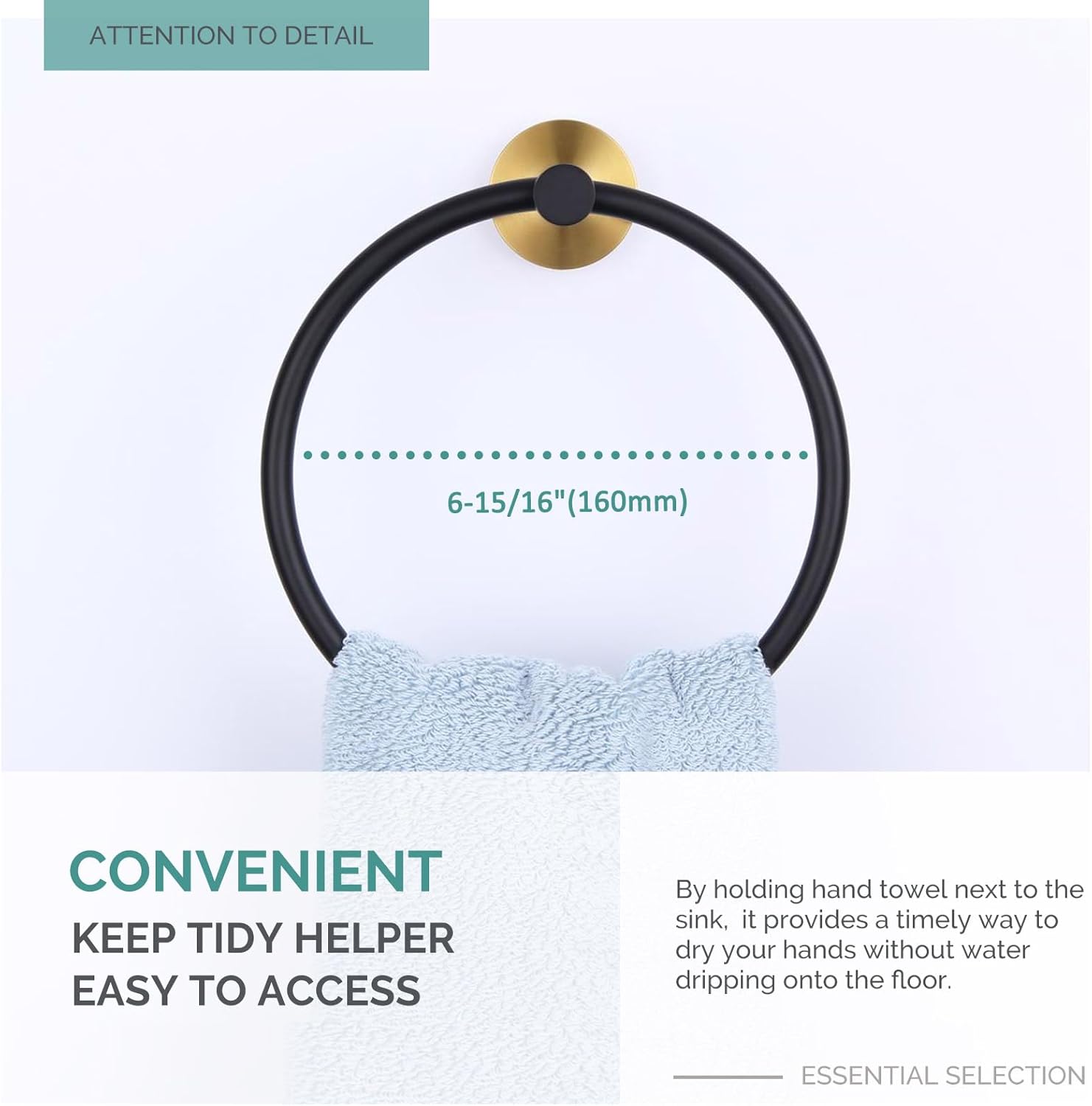 Angle Simple Towel Hook 2 PCS Bundle with Round Towel Ring (Black & Gold)