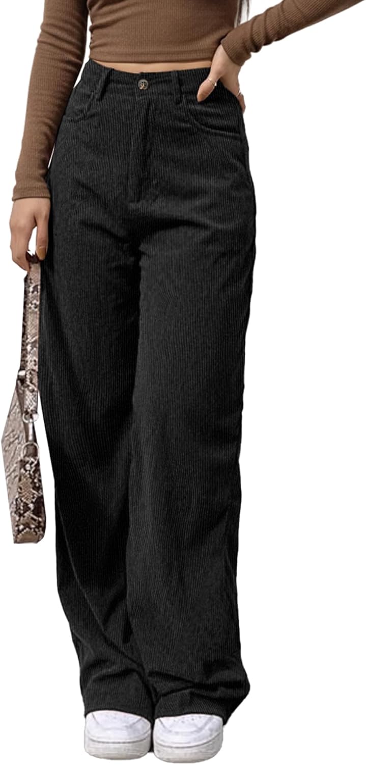 EMMIOL Corduroy Wide Leg Pants Women Casual Winter 2025 Elastic Waist Vintage Loose Trousers with Pockets