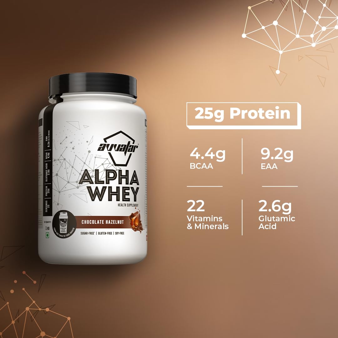 avvatar ALPHA WHEY PROTEIN | 1Kg | Chocolate Hazelnut Flavour | 25g Protein | 25 Servings 4