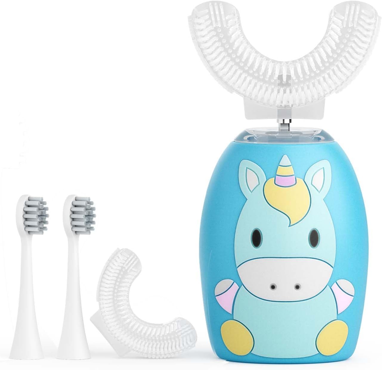 Kids Electric Toothbrush, U Shaped Toothbrush Kids 4 Brush Heads, U Shaped Ultrasonic Automatic Toothbrush 2 Modes Age 2-12,Whole Mouth Toothbrush IPX7 Waterproof （Blue）