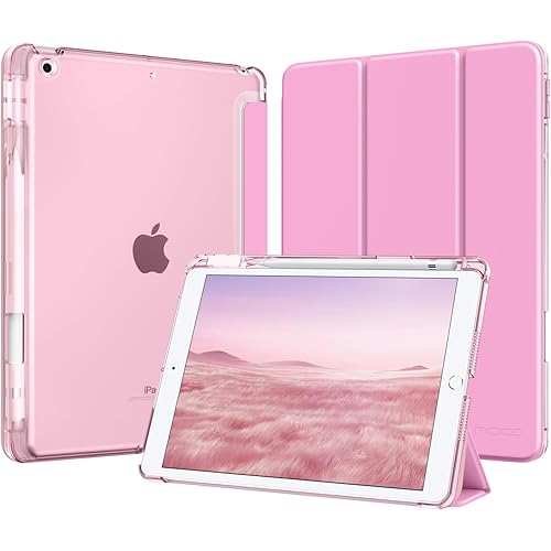 MoKo for iPad 9th/8th/7th Generation Case 10.2-Inch 2021/2020/2019 with Pencil Holder, Slim Light Trifold Smart Protective Cover for iPad 10.2 with Hard PC Translucent Back Shell, Pink